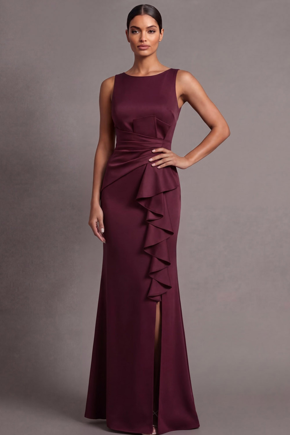 Burgundy Formal Dress Mermaid Crew Neck Ruffled Maxi Dress with Slit