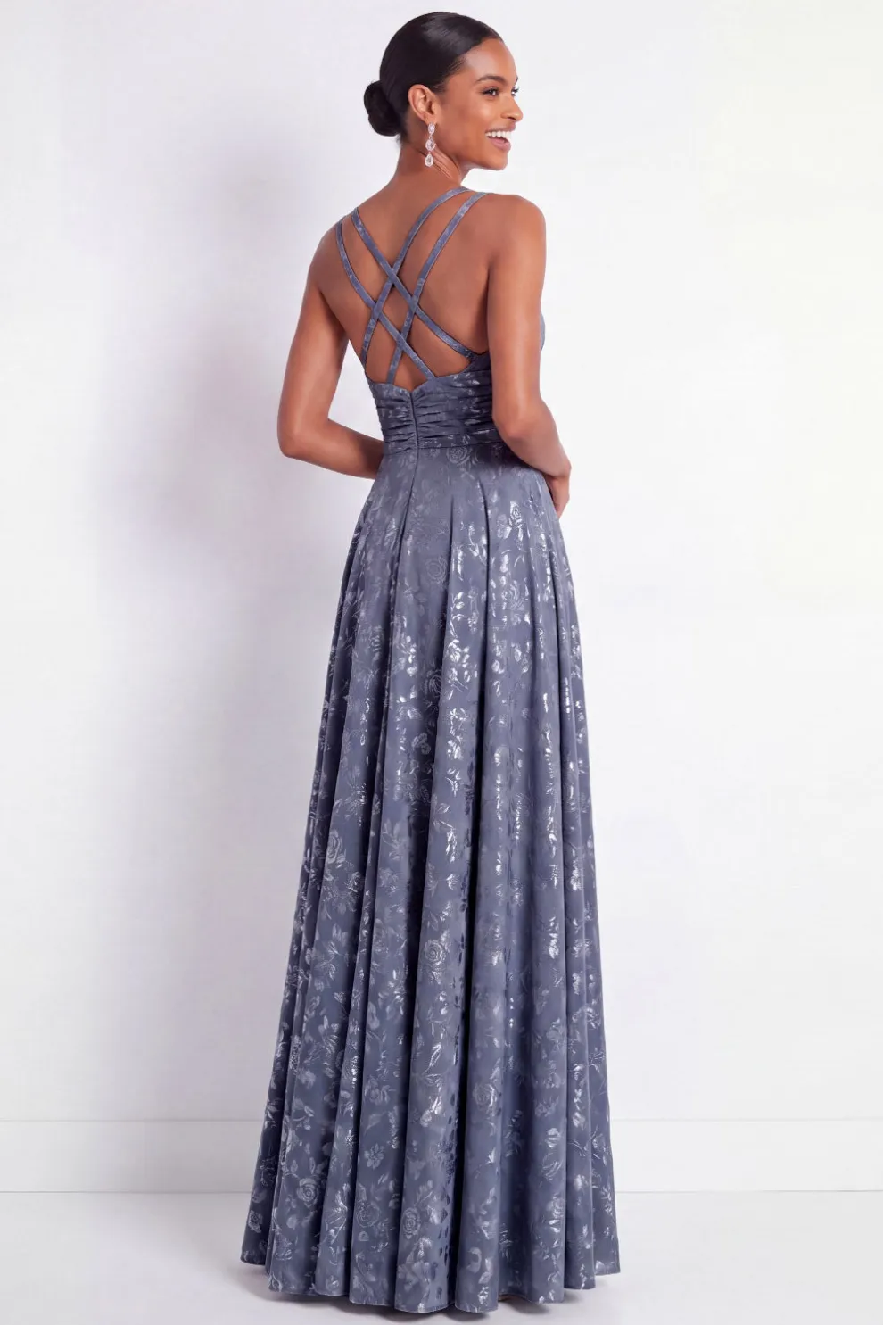 Dusty Blue Floral A Line Maxi Empire Waist Wedding Guest Dress