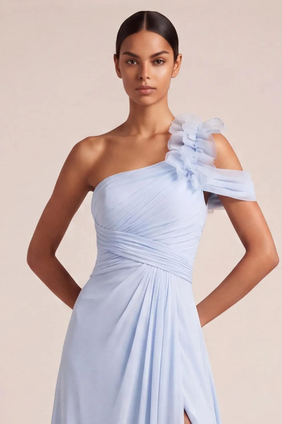 Light Blue A Line One Shoulder Ruched Long Bridesmaid Dress with Slit
