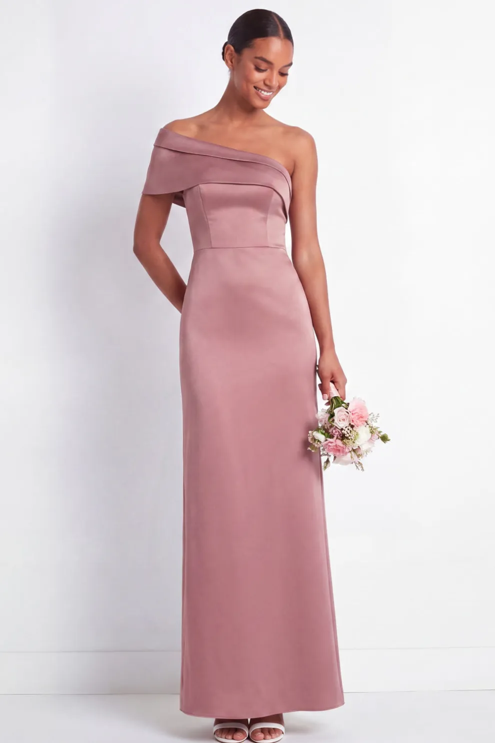 Dusty Sage Mermaid Satin One Shoulder Long Bridesmaid Dress with Back Slit