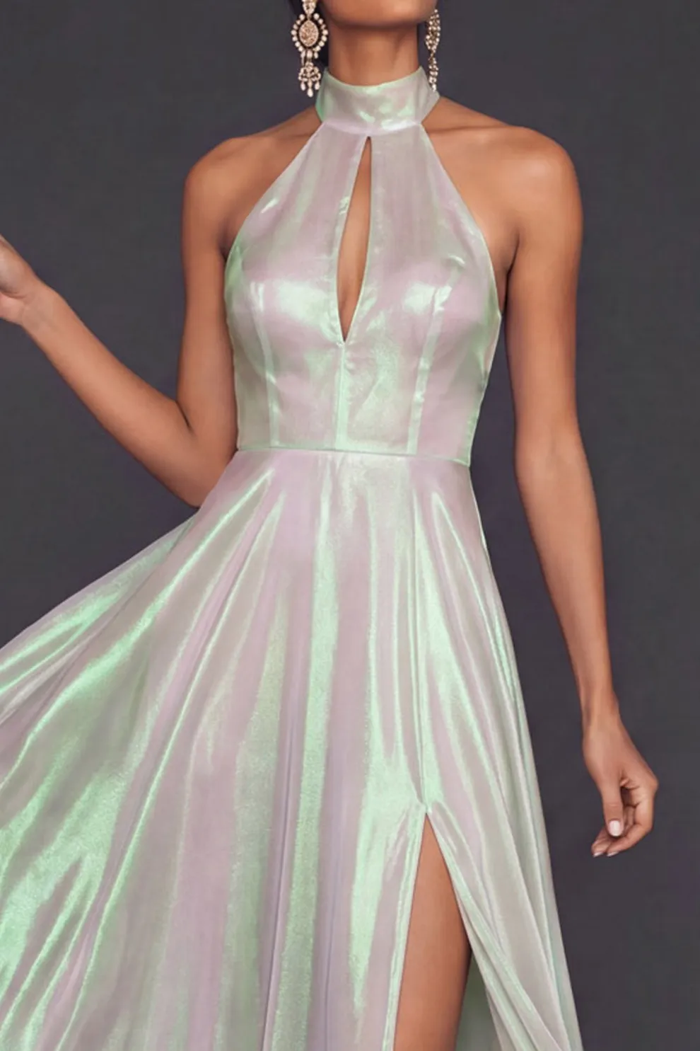 Glitter White Halter A Line Keyhole Maxi Formal Dress with Slit