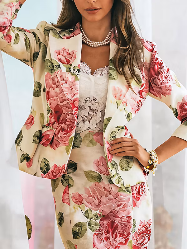 Pink Rose Floral Printed Three-Quarter Sleeve Blazer & Midi Pencil Skirt 2-Piece Suit