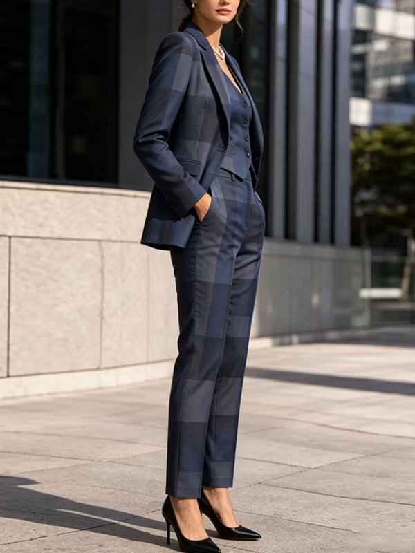 Navy Blue Large Plaid Blazer Vest And High Waist Pants 3-Piece Suit