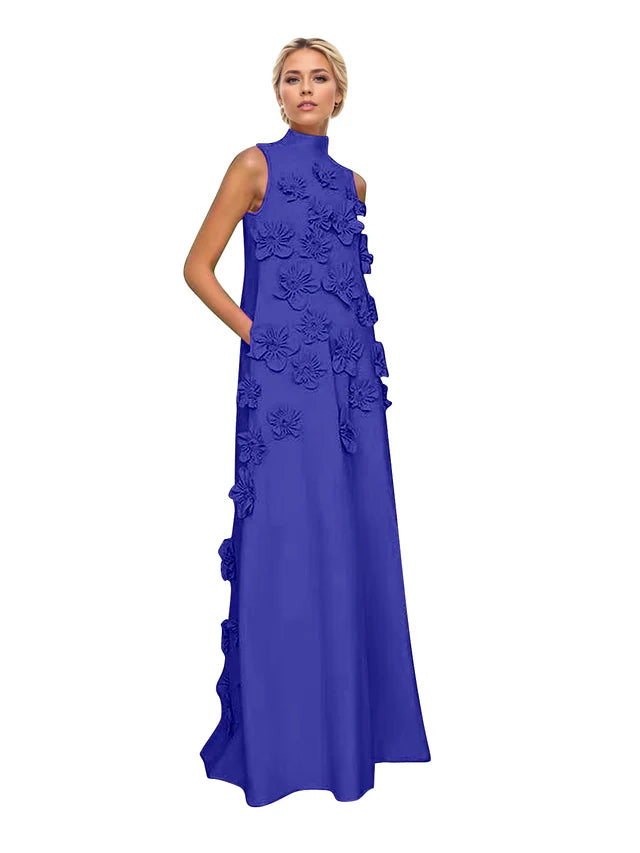 A Line High Neck Sleeveless Floor Length Stretch Crepe Dress With 3D Flowers
