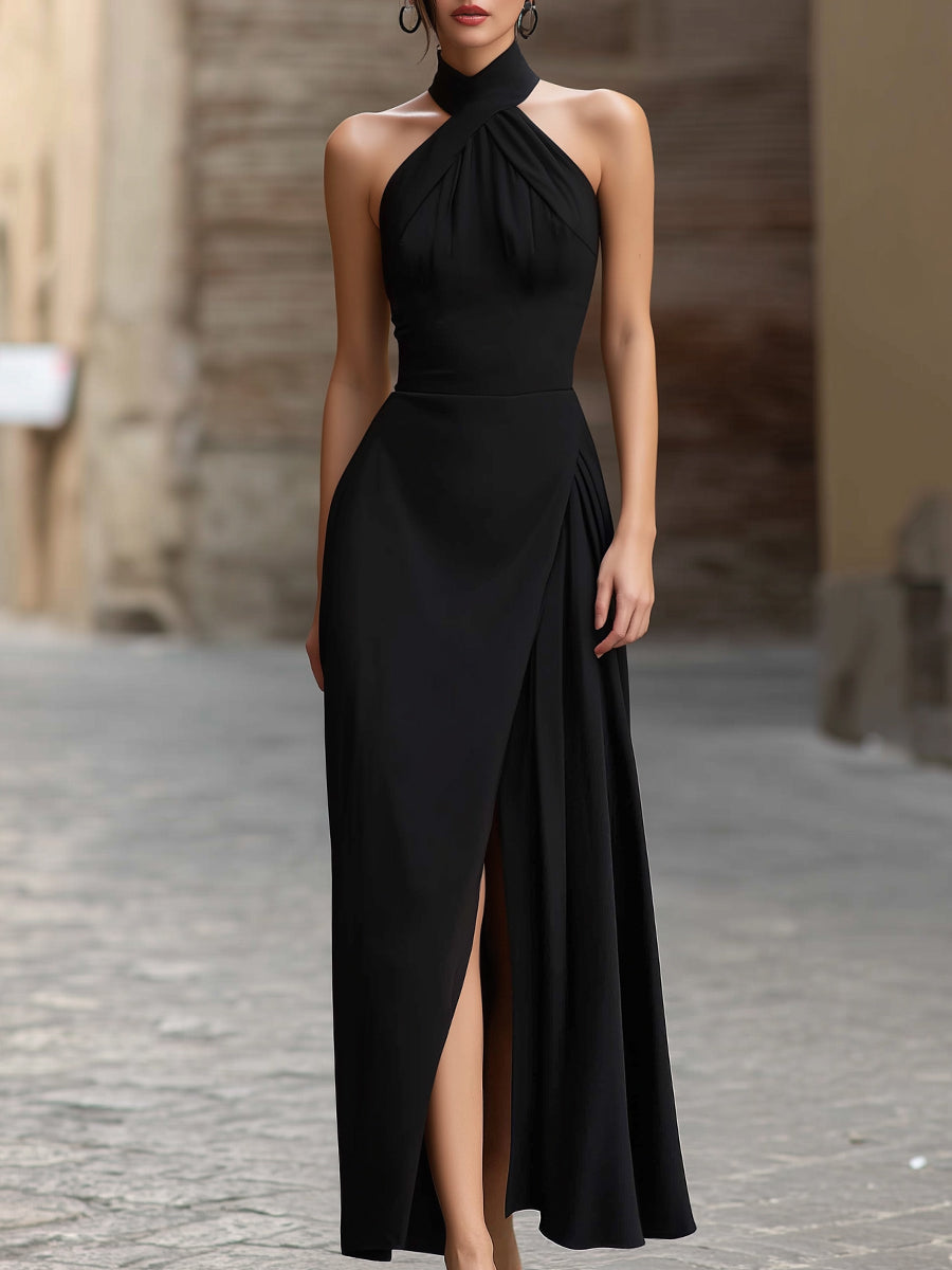 Black Cross-Halter Draped Front Slit Maxi Dress