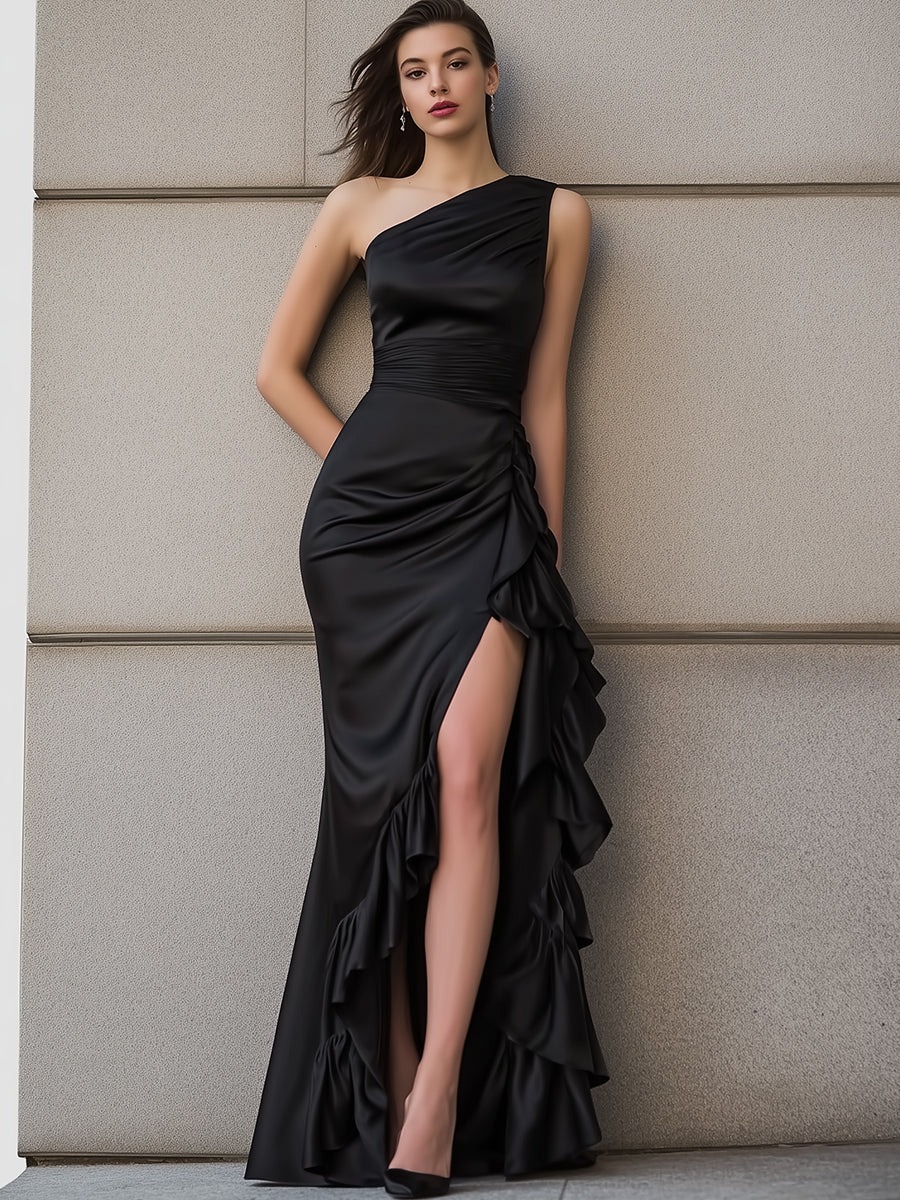 One-Shoulder Satin Gown With Cascading Layered Ruffles