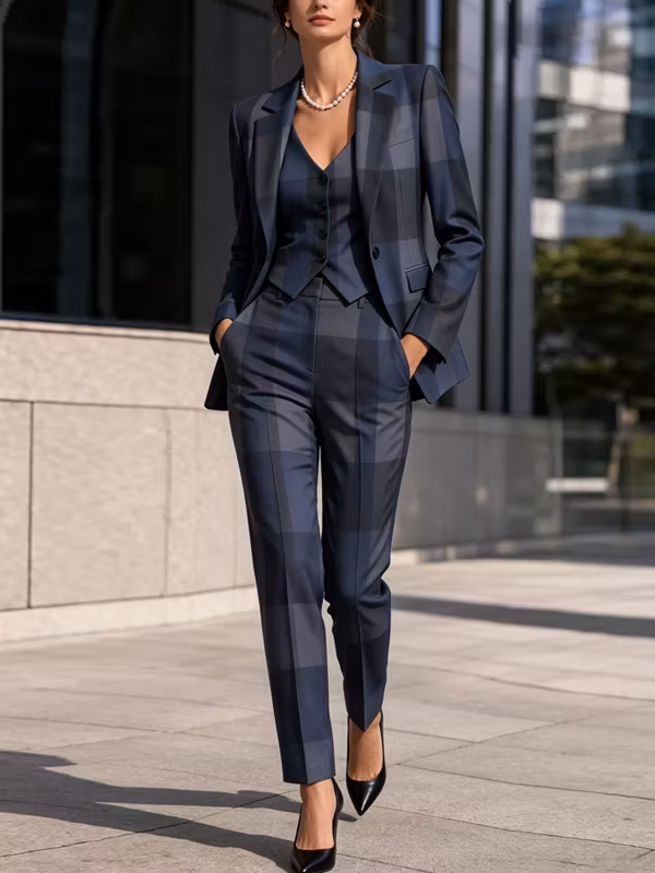Navy Blue Large Plaid Blazer Vest And High Waist Pants 3-Piece Suit