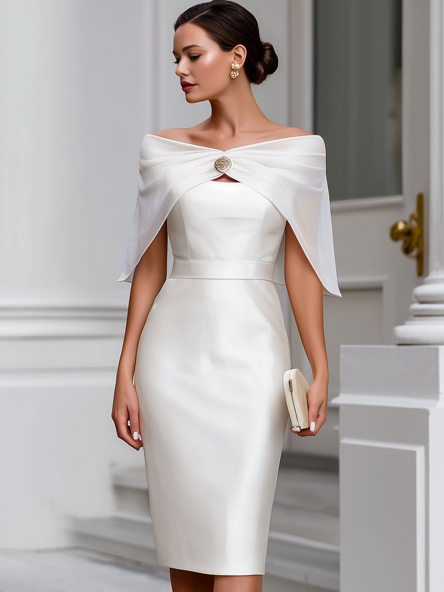 White Off-Shoulder Draped Cape Satin Midi Dress