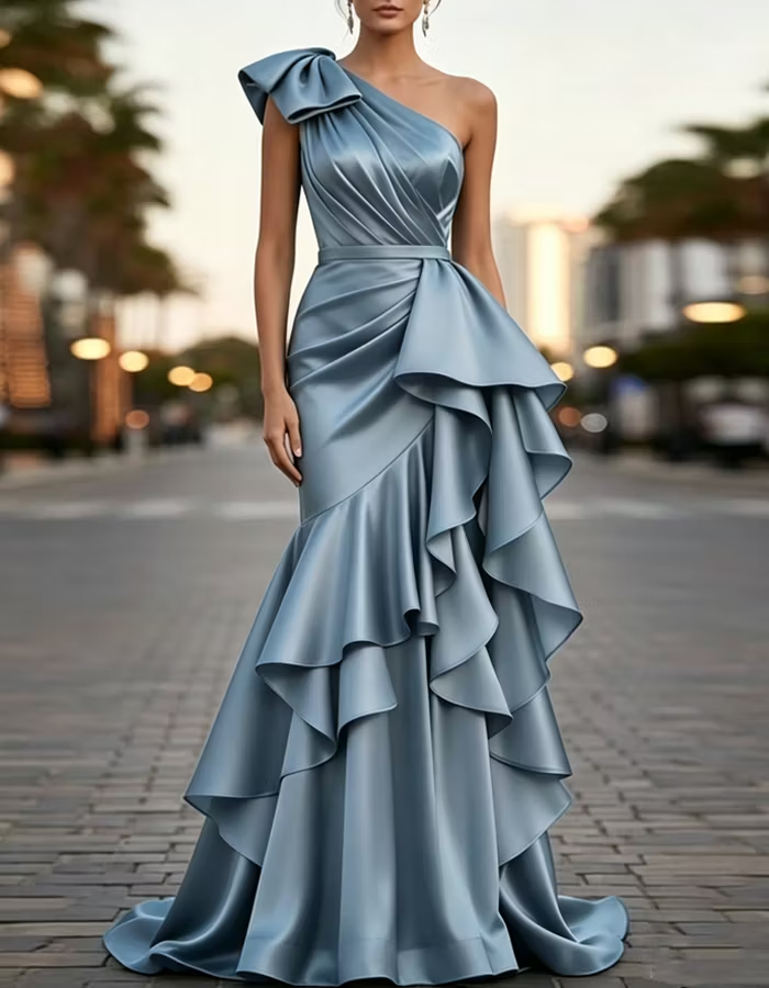 Multi-colored Satin One-shoulder Maxi Dress