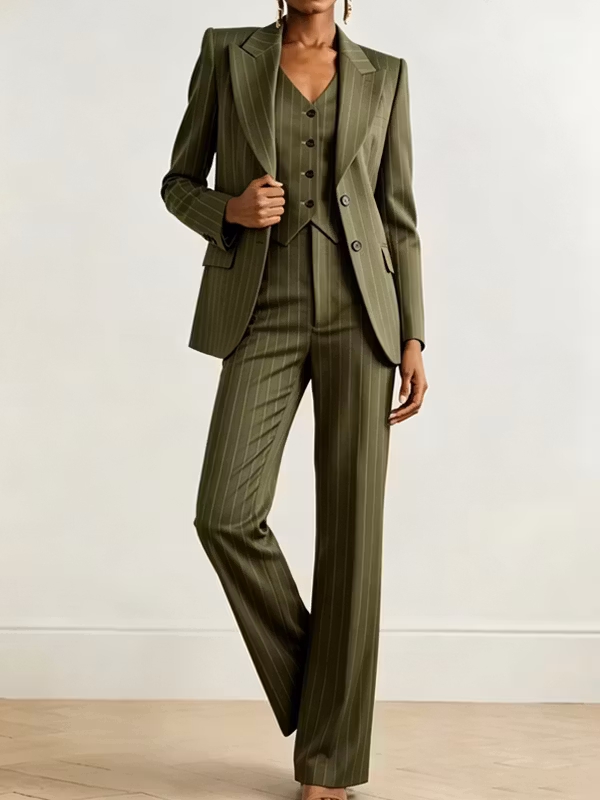 Office Outfit Retro Olive Pinstripe Blazer Vest And High Waisted Wide Leg Pants 3-Piece Suit