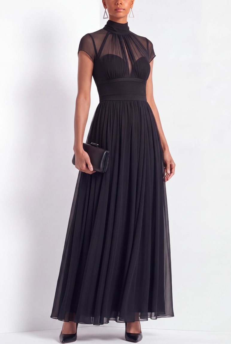 Black Illusion Neck A-Line Pleated Mesh Maxi Dress
