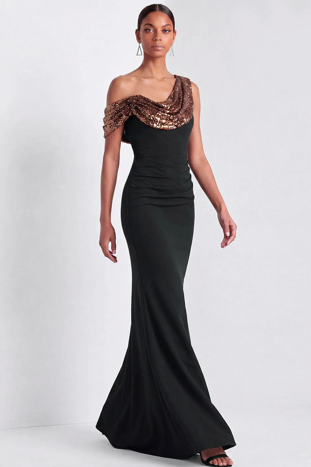 Black Sequin Cowl Neck Mermaid Maxi Dress