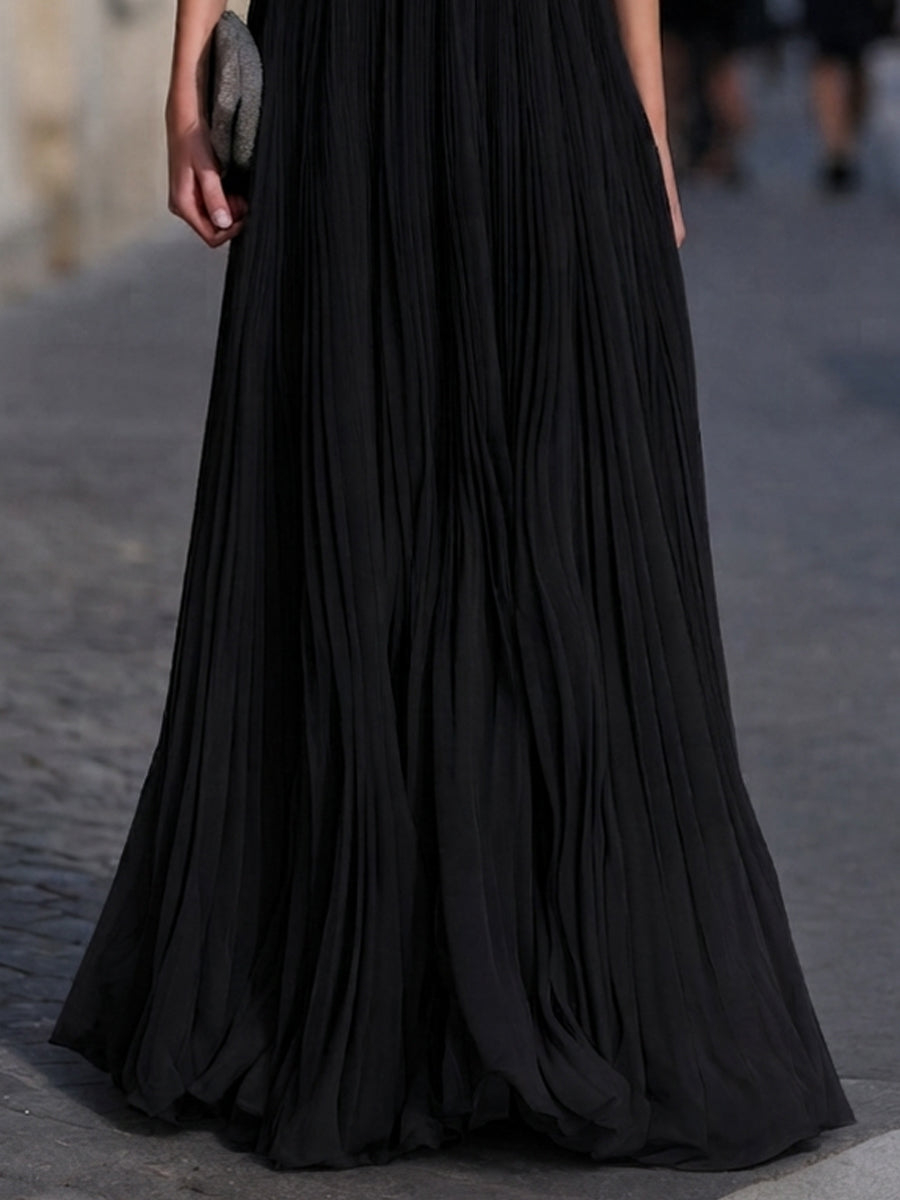Off-Shoulder Feather-Trimmed Pleated Maxi Dress