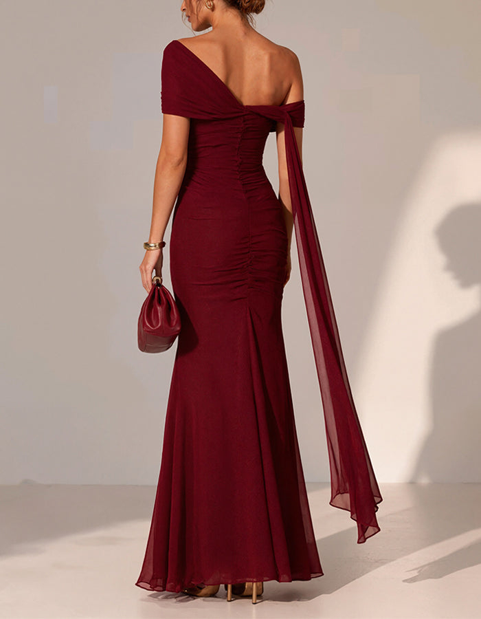 Burgundy Chiffon One Shoulder Short Sleeved Draped Maxi Dress