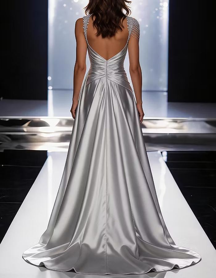Silver Grey Deep V-Neck Draped Satin Metallic Mermaid Maxi Dress