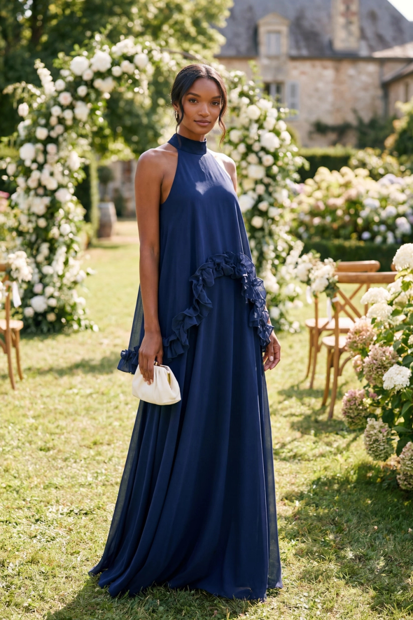 Halter A-Line Chiffon Ruffled Maxi Dress