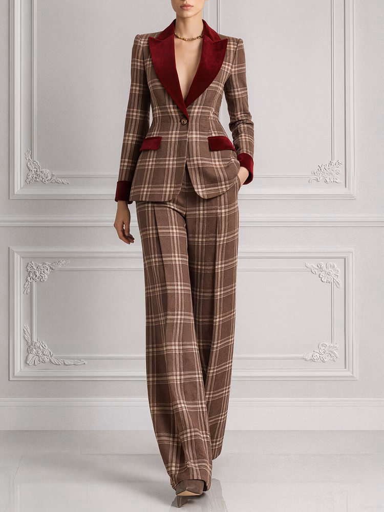Brown Plaid Blazer With Peak Lapels And Wide Leg Pants 2-Piece Suit
