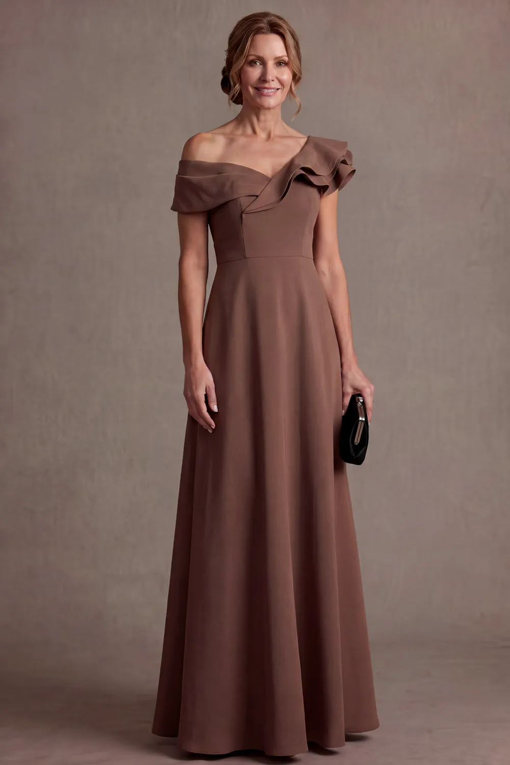 Brown Ruffle Off Shoulder A-Line Wedding Guest Dress