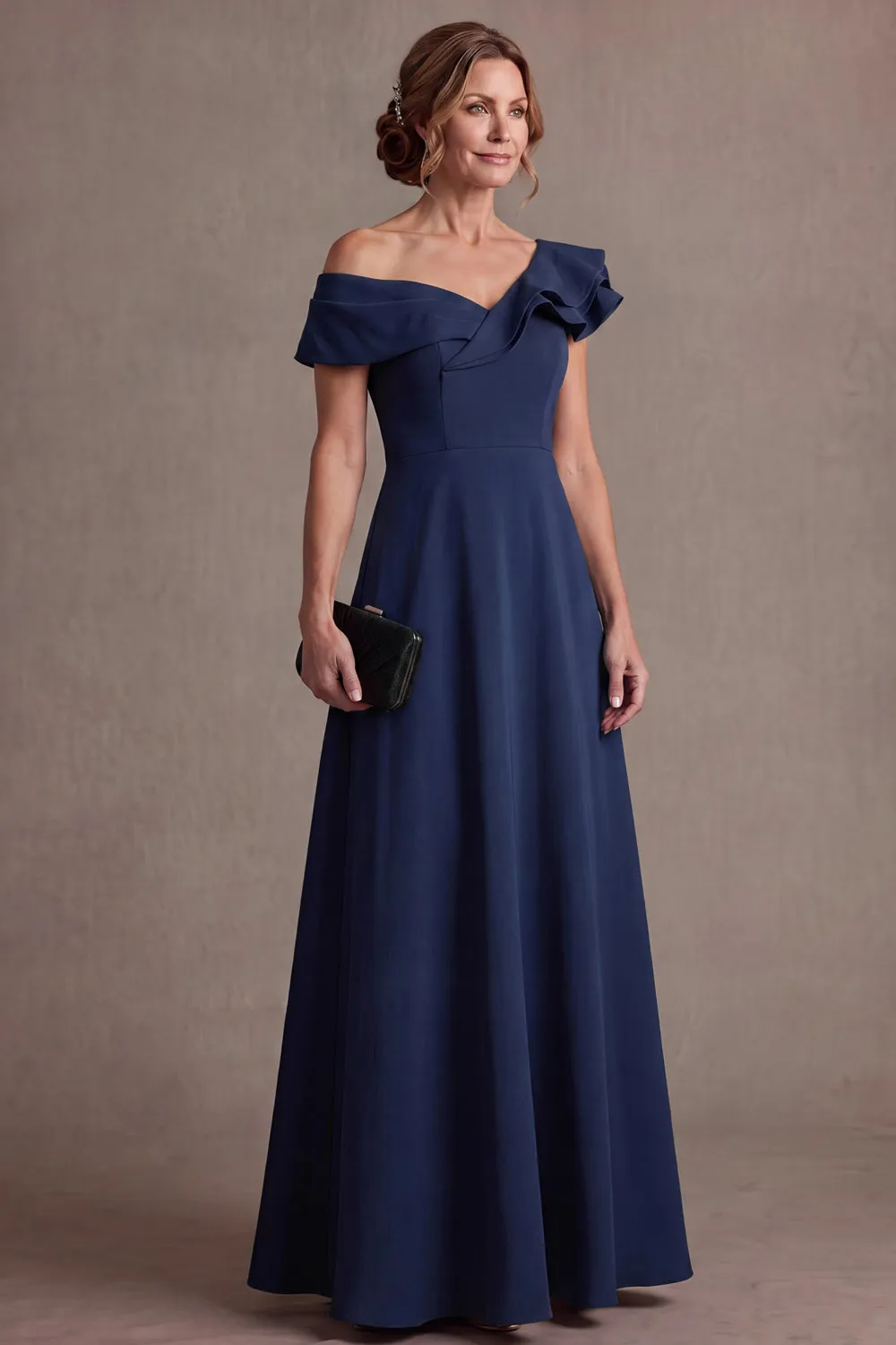 Brown Ruffle Off Shoulder A-Line Wedding Guest Dress