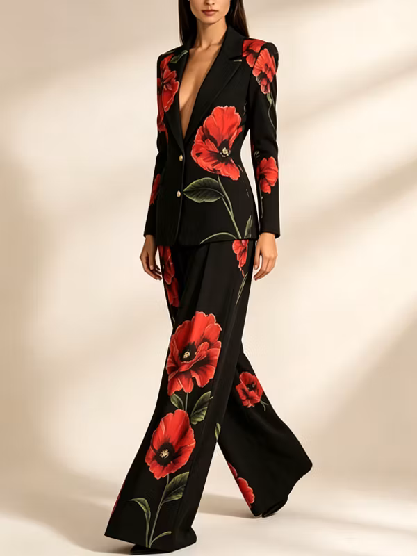 Red Poppy Floral Print Blazer And High Waist Wide-leg Pants 2-Piece Suit