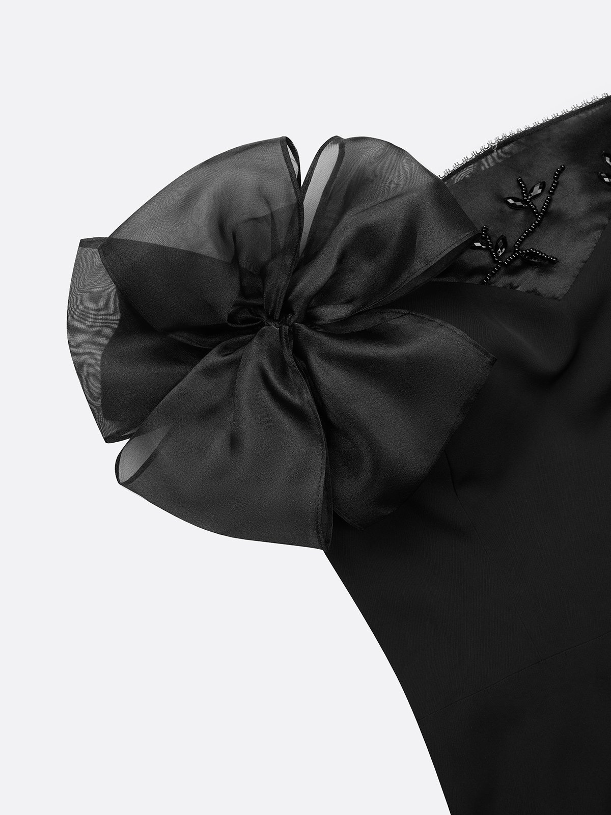 Black Off-the-Shoulder 3D Floral Beaded Sheath Midi Dress