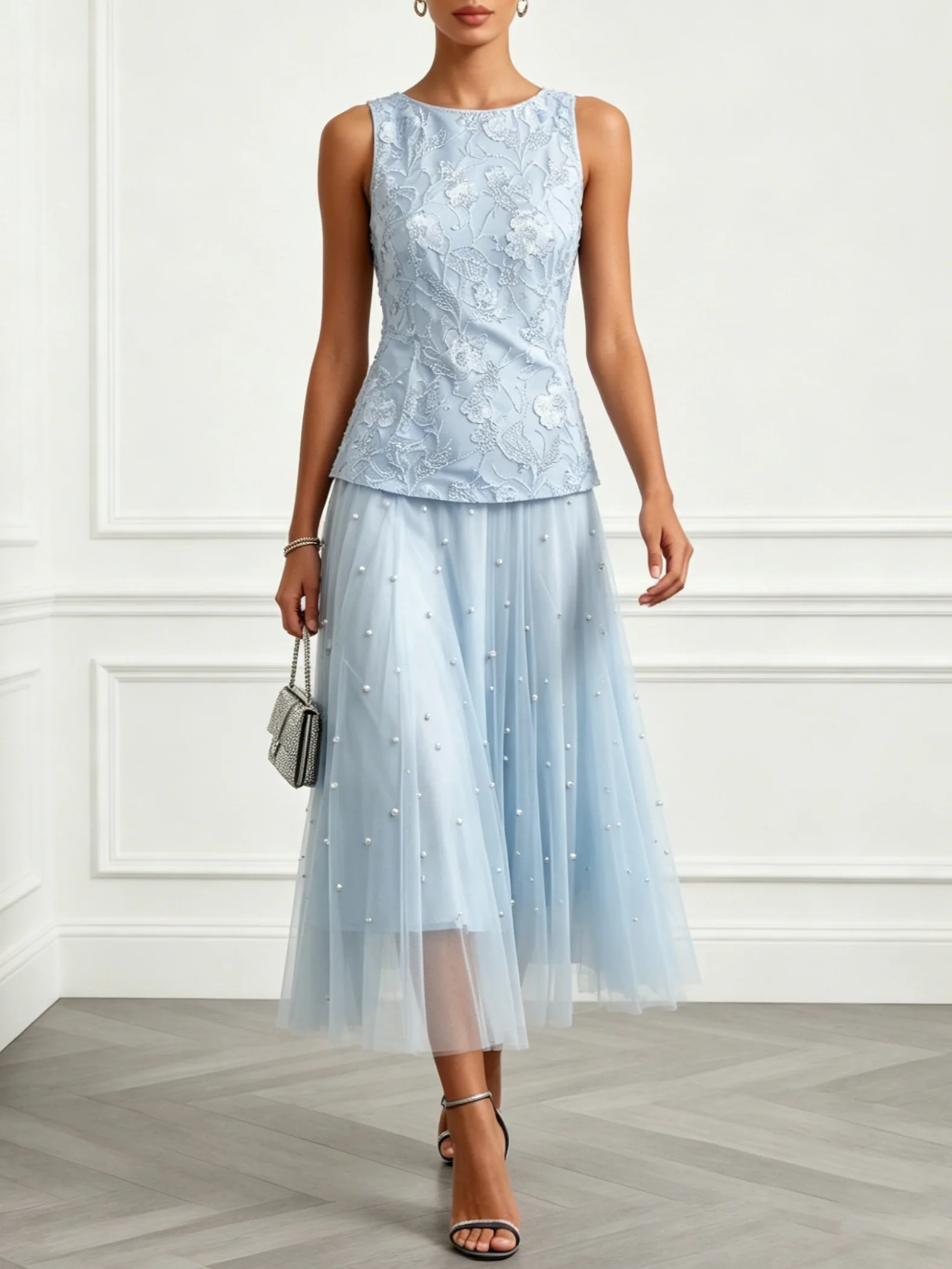 Light Blue Lace Pearl Jacquard Lace Boat Neck Sleeveless A-Line Maxi Dress