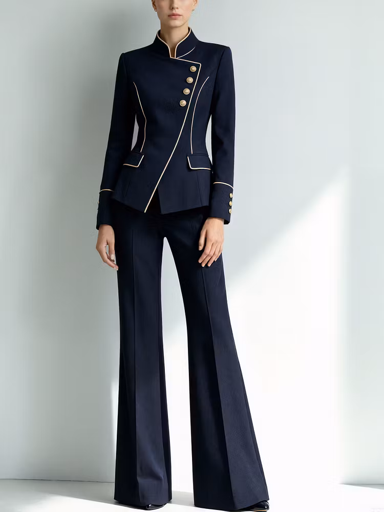 Navy Blue Stand Collar Blazer Paired With Wide Leg Pants 2-Piece Suit