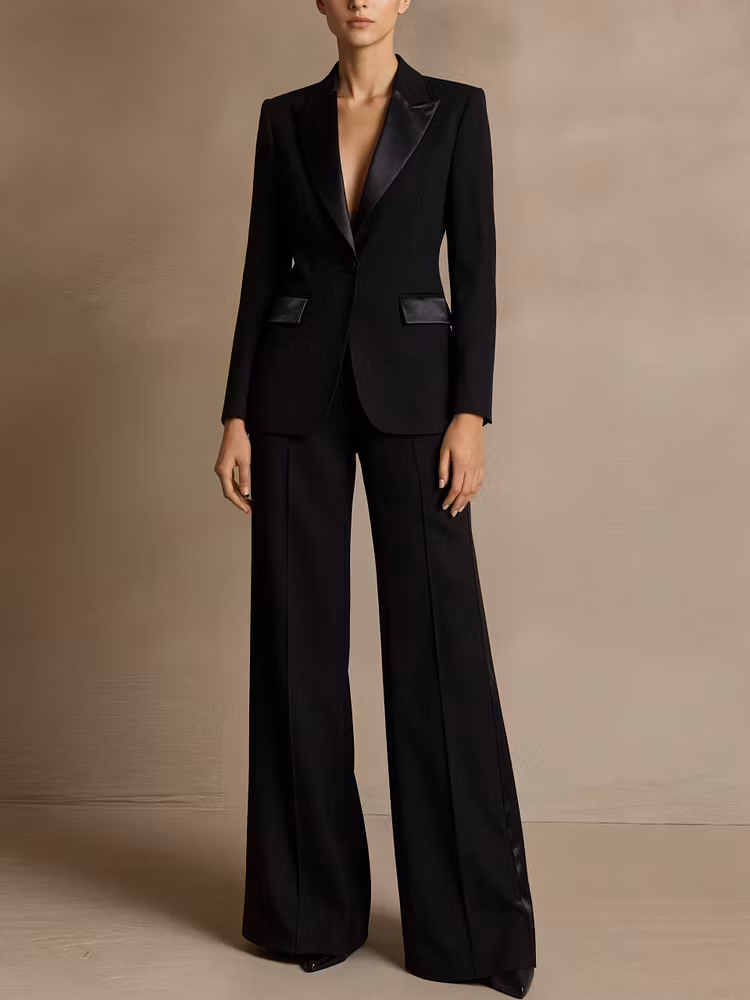 Black Satin Peak Lapel Blazer Paired With Wide Leg Pants 2-Piece Suit
