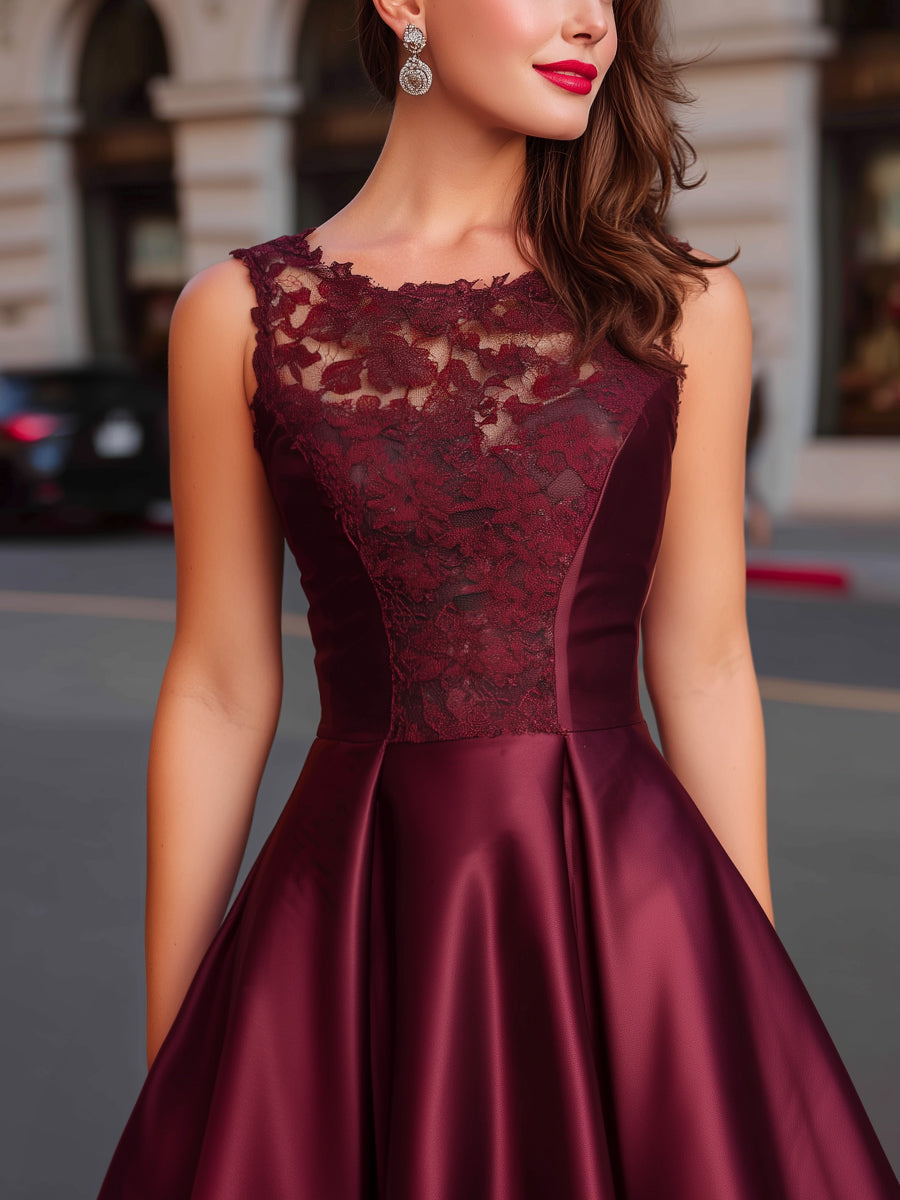 Lace Bodice Satin A-Line Midi Dress