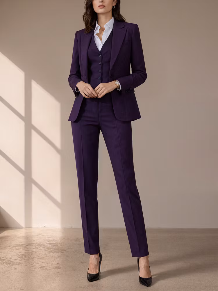 Dark Purple Peak Lapel Blazer Paired With A Single Breasted Vest And Straight Leg Pants 3-Piece Suit