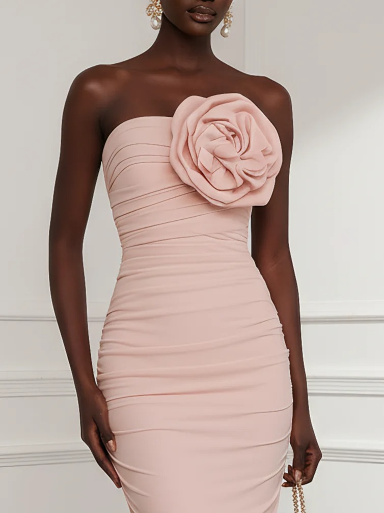 Pink 3D Floral Ruched Knit Strapless Sleeveless Sheath Maxi Dress