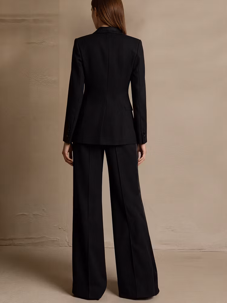 Black Satin Peak Lapel Blazer Paired With Wide Leg Pants 2-Piece Suit