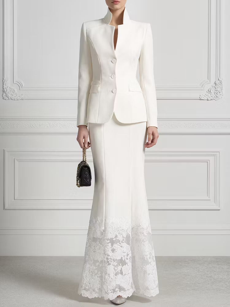 White Stand Up Collar Fitted Blazer And Lace Trimmed Fishtail Skirt 2-Piece Suit