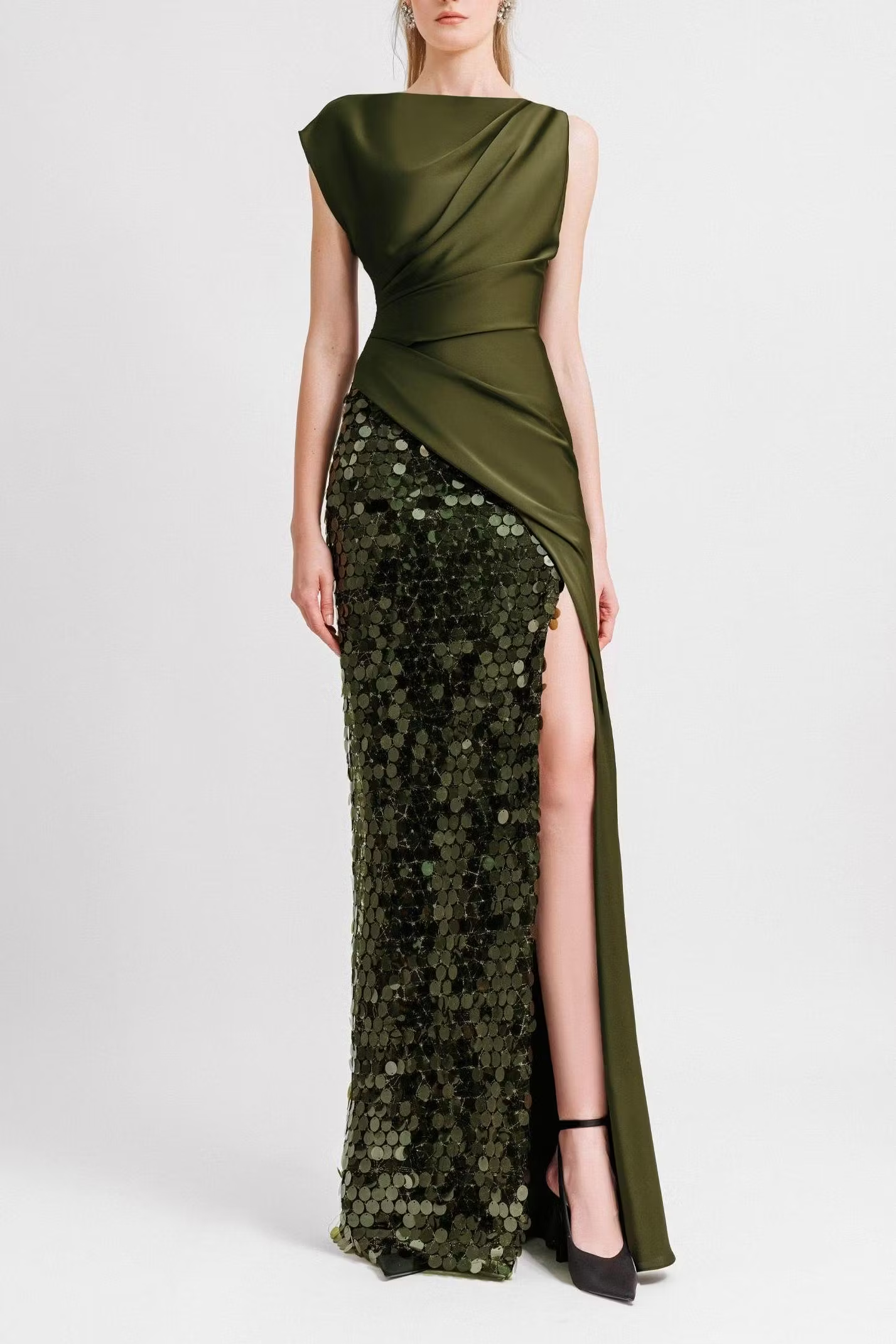 Asymmetrical Draped Satin Sequin High Slit Maxi Dress