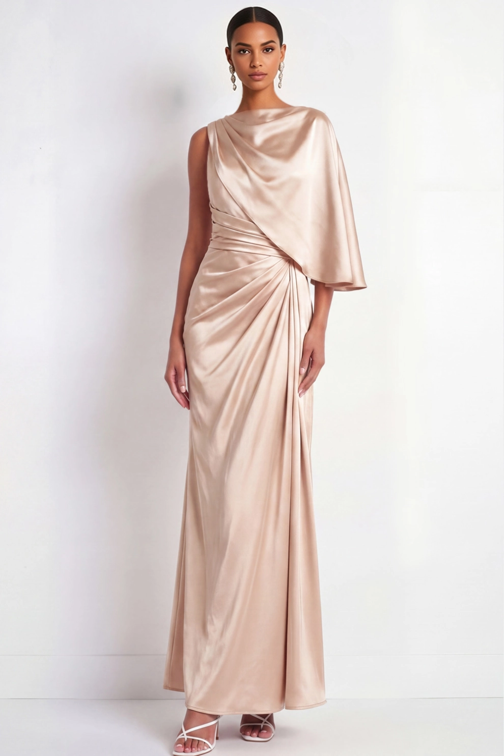 Champagne Mermaid Ruched Satin with Slit Maxi Dress