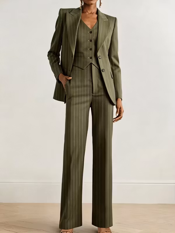Office Outfit Retro Olive Pinstripe Blazer Vest And High Waisted Wide Leg Pants 3-Piece Suit