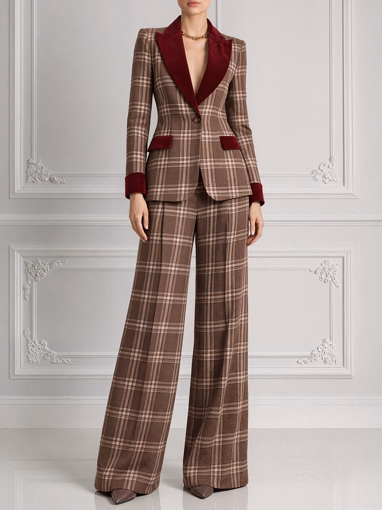 Brown Plaid Blazer With Peak Lapels And Wide Leg Pants 2-Piece Suit