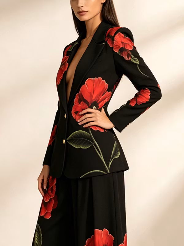Red Poppy Floral Print Blazer And High Waist Wide-leg Pants 2-Piece Suit