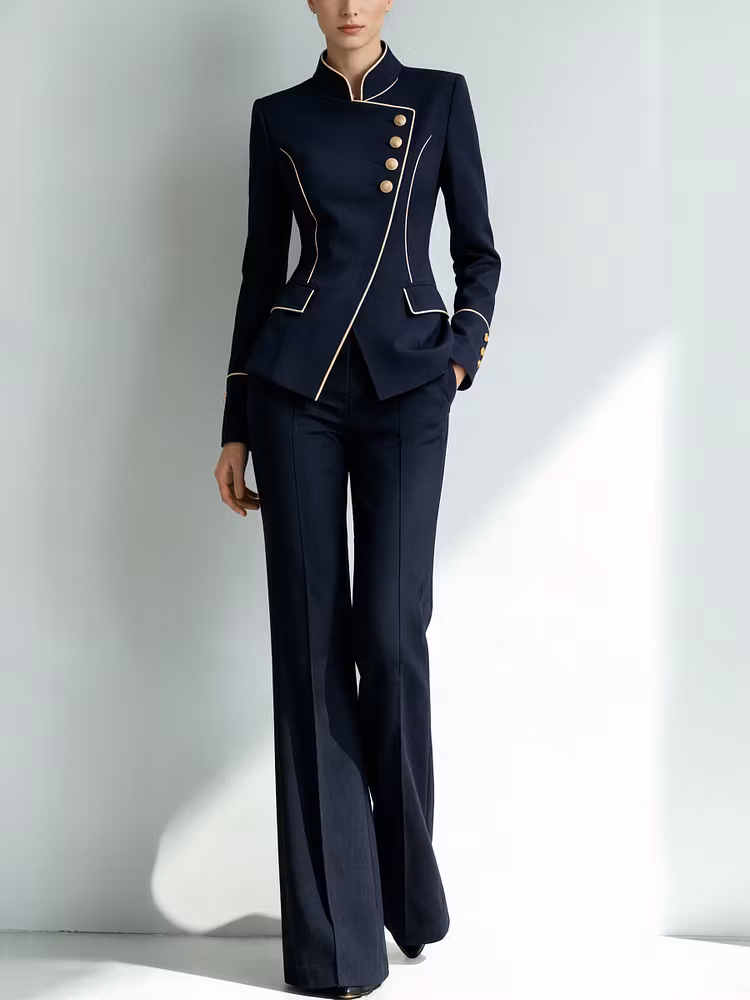 Navy Blue Stand Collar Blazer Paired With Wide Leg Pants 2-Piece Suit
