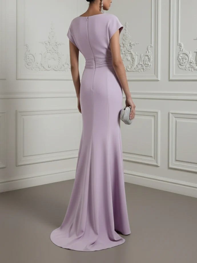 Lavender Ruched Classic Boat Neck Short Sleeve Raglan Sleeves Mermaid Gown Dress