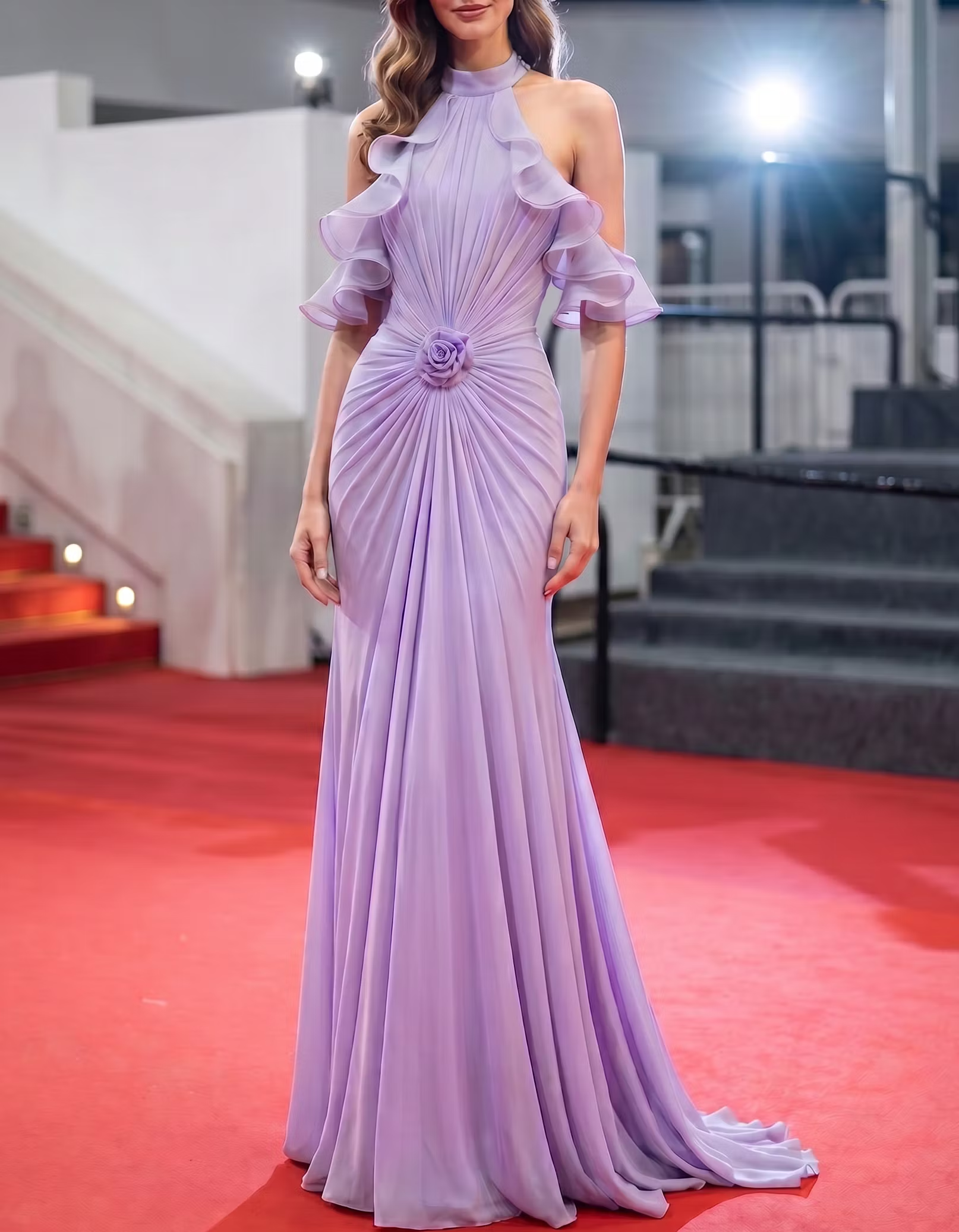 Light Purple Chiffon Floral Fishtail Ruffle Maxi Dress