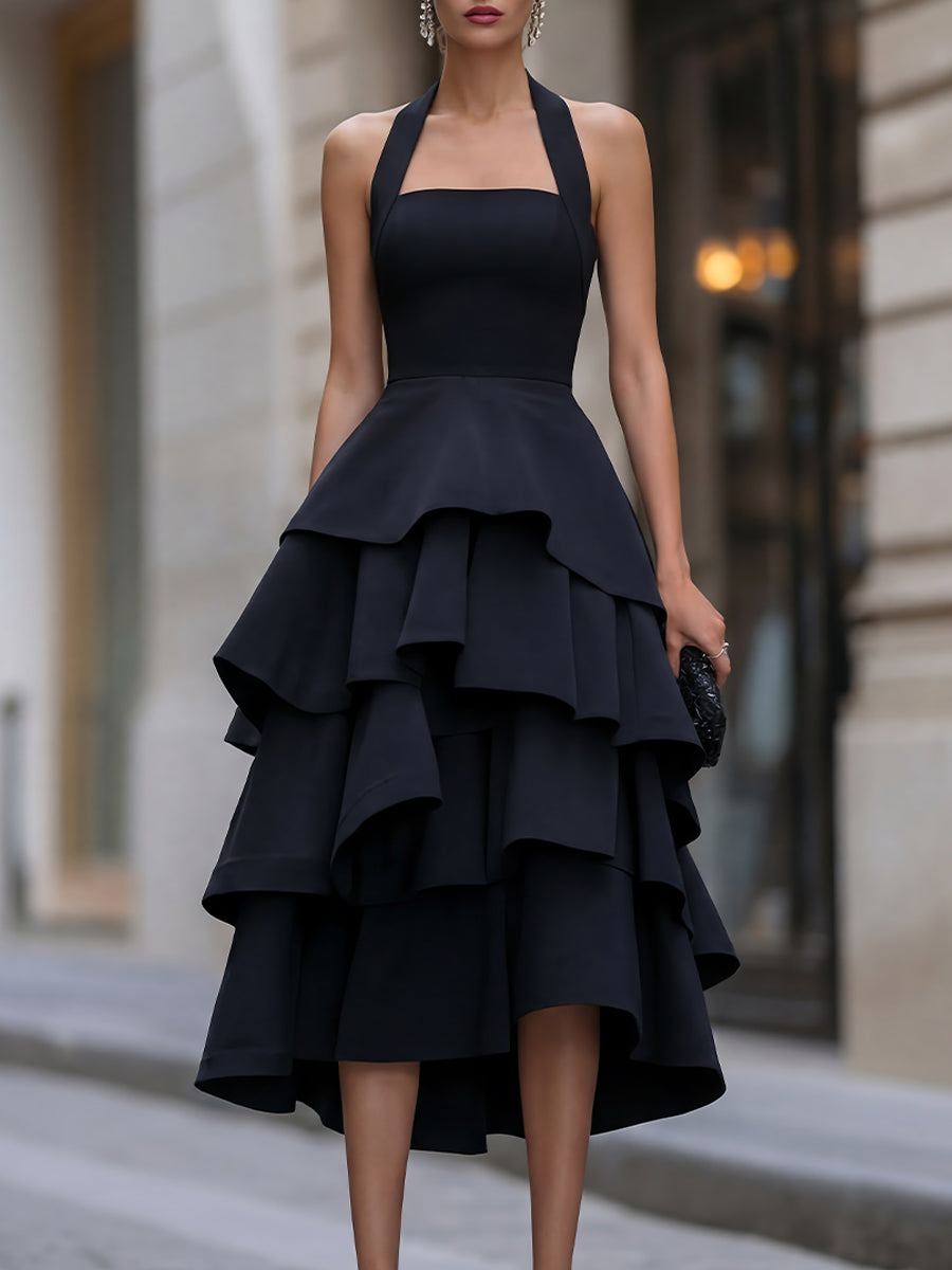 Black Halter-Neck Tiered Ruffle Midi Dress