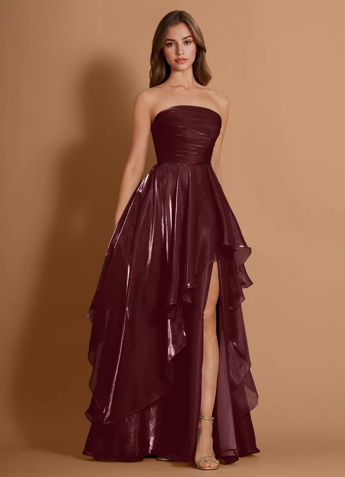 Burgundy Strapless Ruffled High-Slit Evening Gown