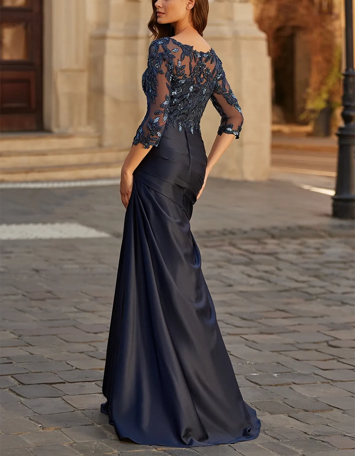 Navy Blue Beaded Lace & Satin Mermaid Maxi Dress