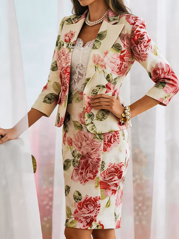 Pink Rose Floral Printed Three-Quarter Sleeve Blazer & Midi Pencil Skirt 2-Piece Suit