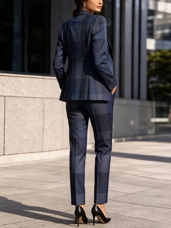 Navy Blue Large Plaid Blazer Vest And High Waist Pants 3-Piece Suit