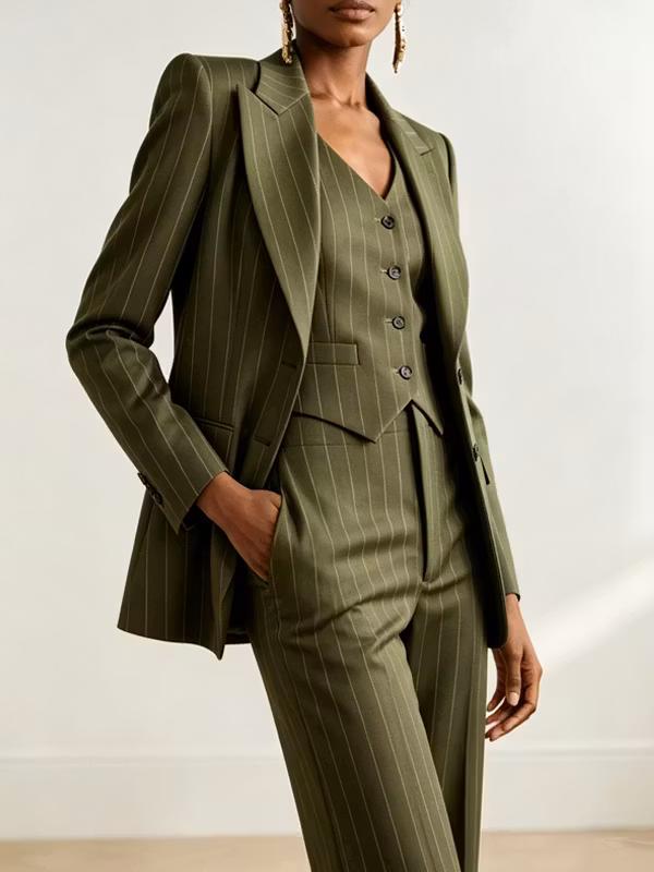 Office Outfit Retro Olive Pinstripe Blazer Vest And High Waisted Wide Leg Pants 3-Piece Suit