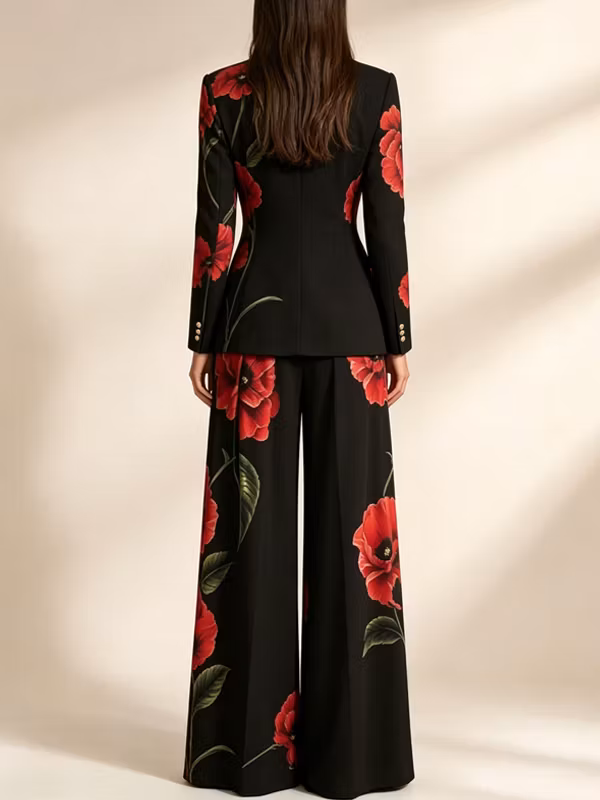 Red Poppy Floral Print Blazer And High Waist Wide-leg Pants 2-Piece Suit