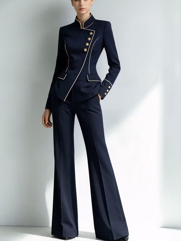 Navy Blue Stand Collar Blazer Paired With Wide Leg Pants 2-Piece Suit