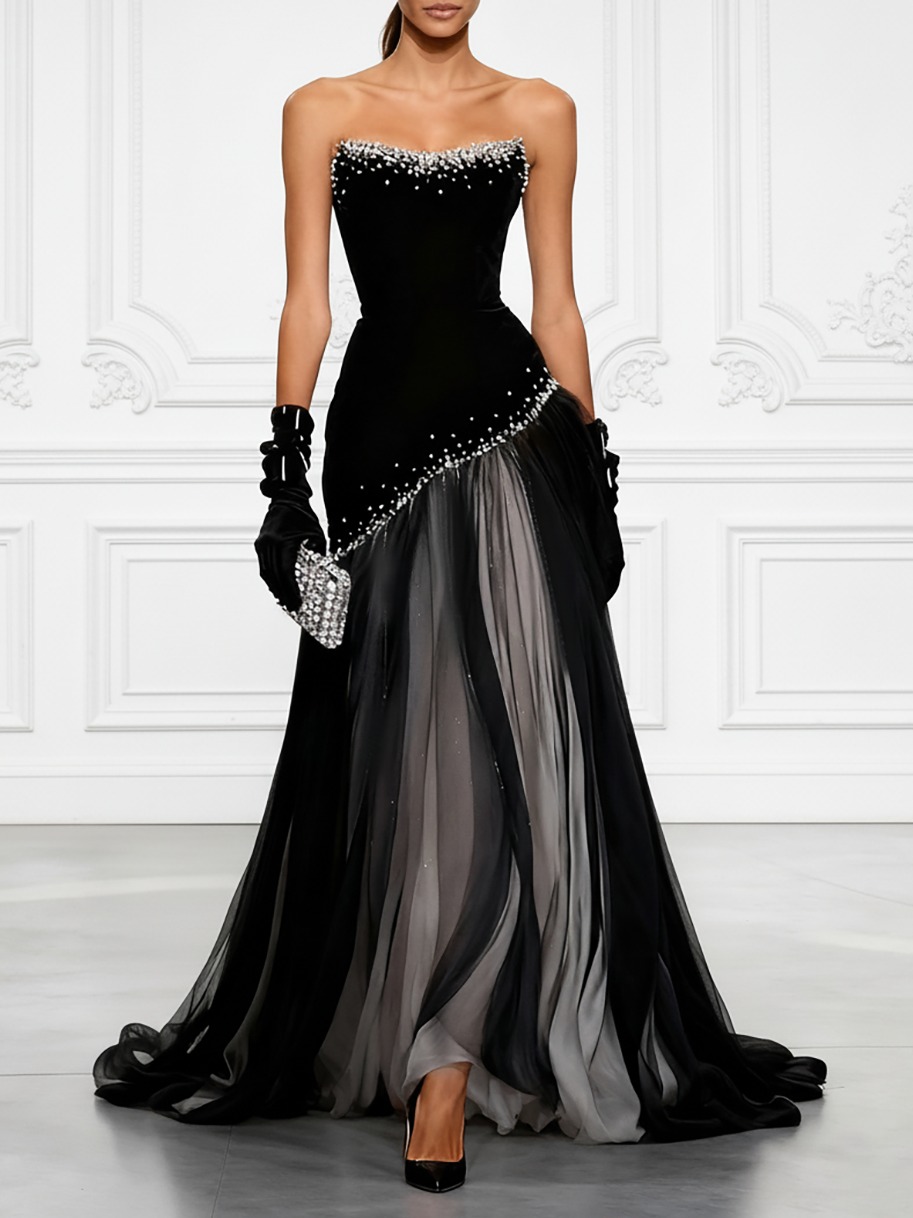 Black Hot Drilling Classic Mesh Strapless Sleeveless A-Line Gown Dress
